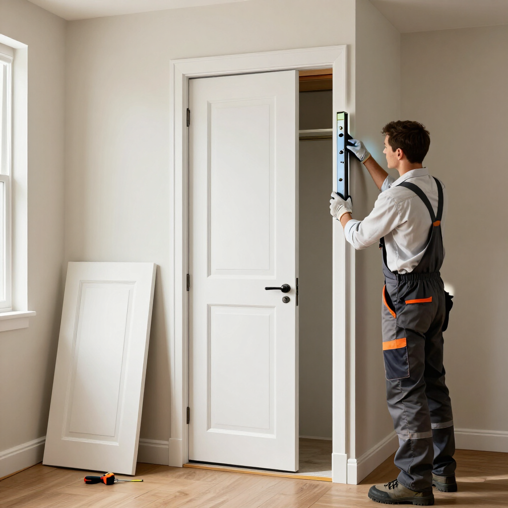 Worker measuring a doorway in a bright room, with a white door removed and leaning against the wall.