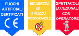 Tre cartelli di sicurezza, uno blu, uno giallo e uno rosso, riguardanti i fuochi d'artificio: uso certificato, uso responsabile e spettacoli riservati agli artisti.