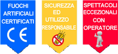Tre cartelli di sicurezza, uno blu, uno giallo e uno rosso, riguardanti i fuochi d'artificio: uso certificato, uso responsabile e spettacoli riservati agli artisti.