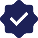 White check mark inside a dark blue, star-shaped badge.