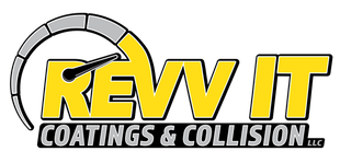 REVV IT Coatings & Collision logo with yellow and black text and a gray wheel icon