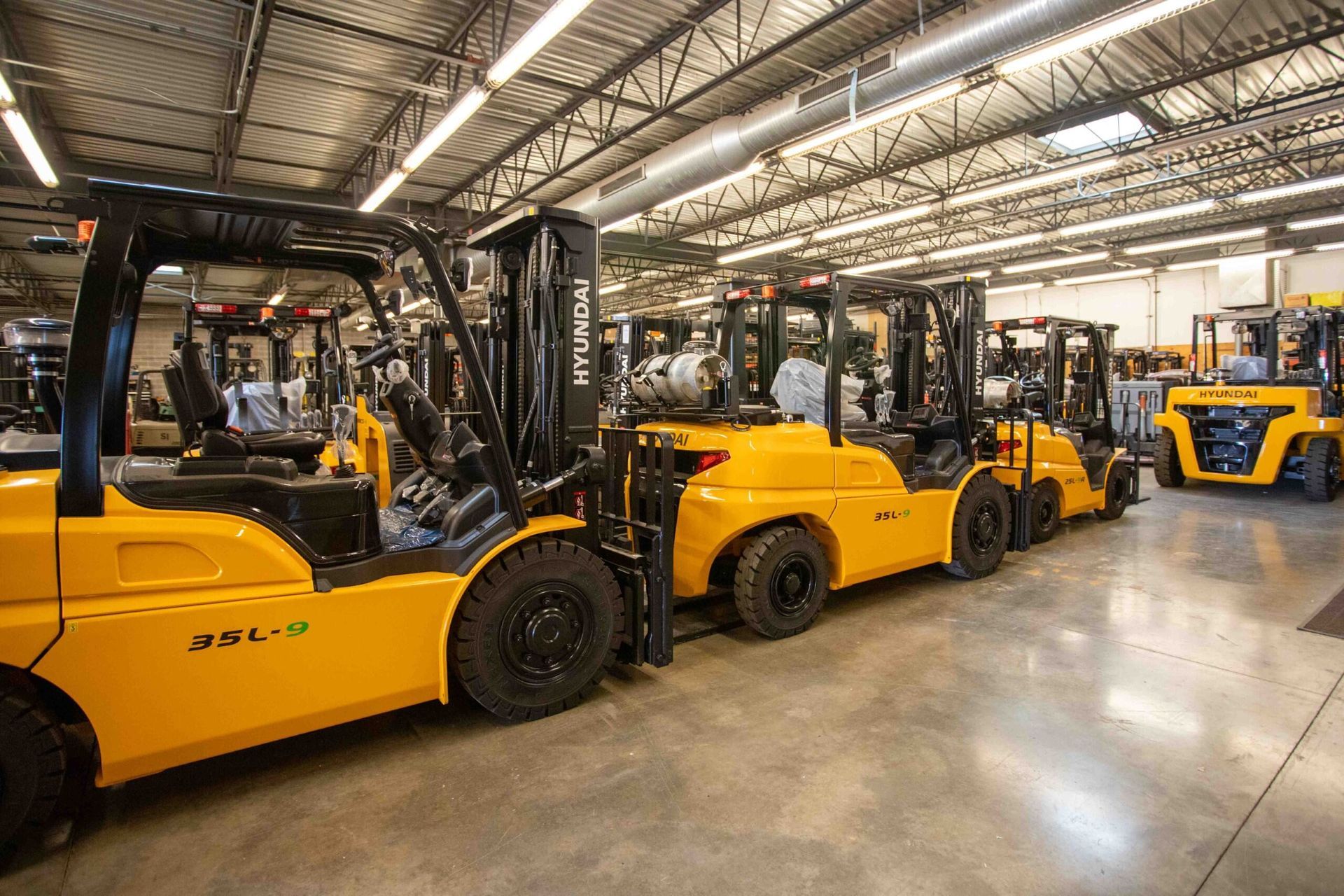 Yellow forklifts lined up in a warehouse, viewed from the side in an aisle.