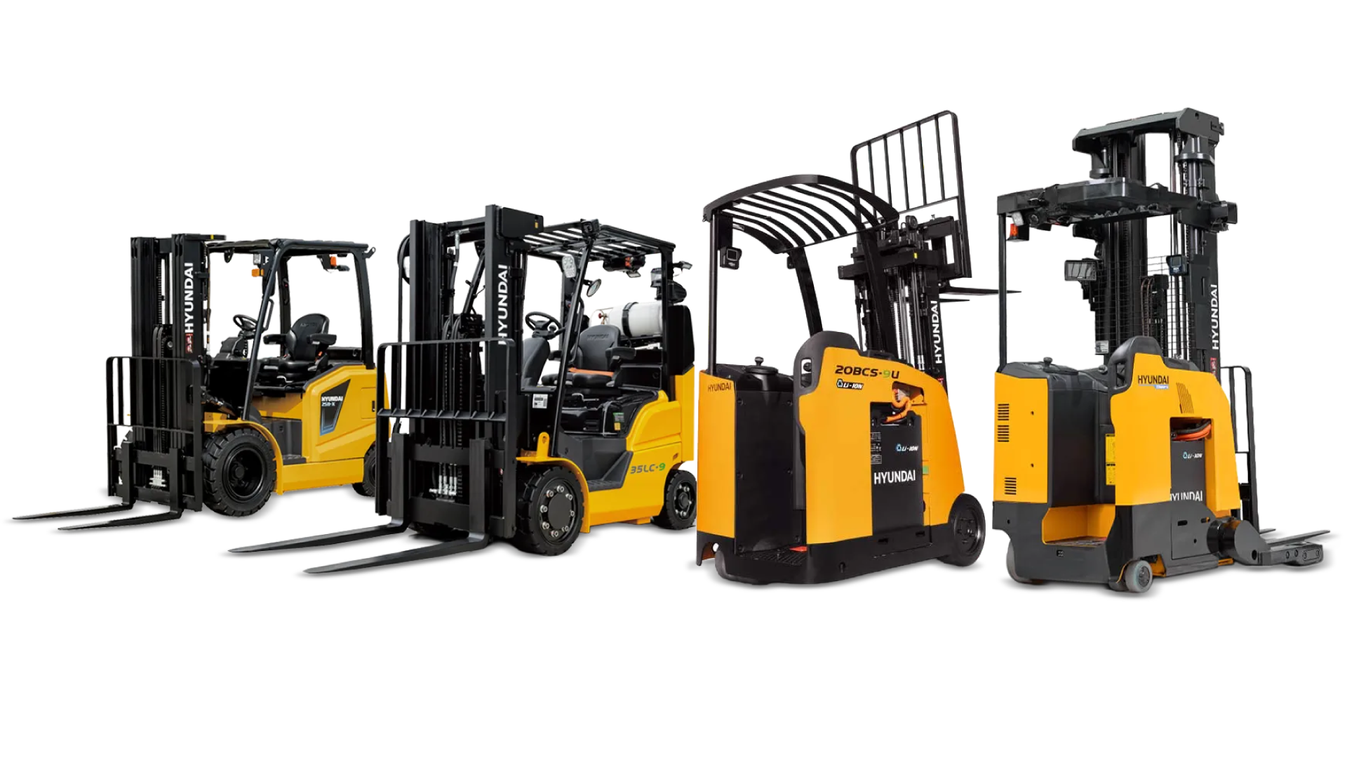 Five yellow and black forklifts lined up on a white background
