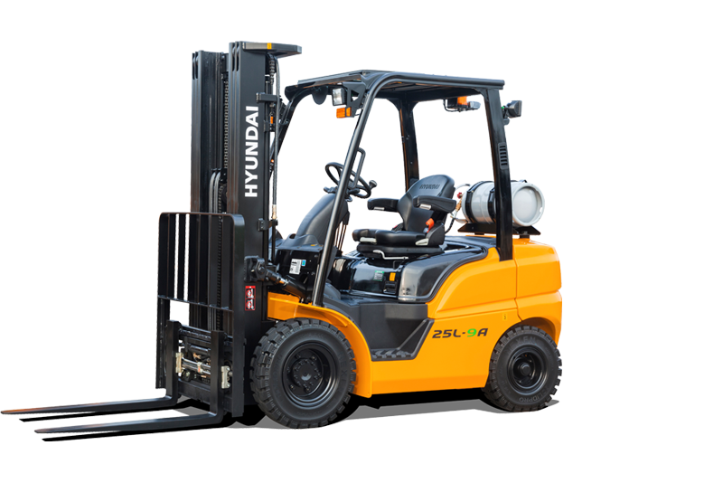 Orange Hyundai forklift on a white background with raised black forks
