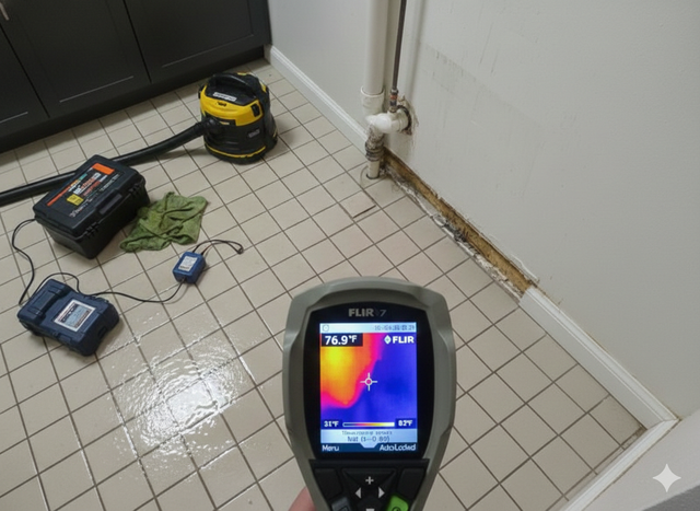 Thermal camera showing water damage on a wall, yellow to blue color scale, in a room with tiled floor.