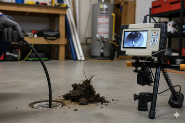 Plumber using a camera to inspect a drain pipe. A camera displays the pipe's interior. Debris is on the floor.
