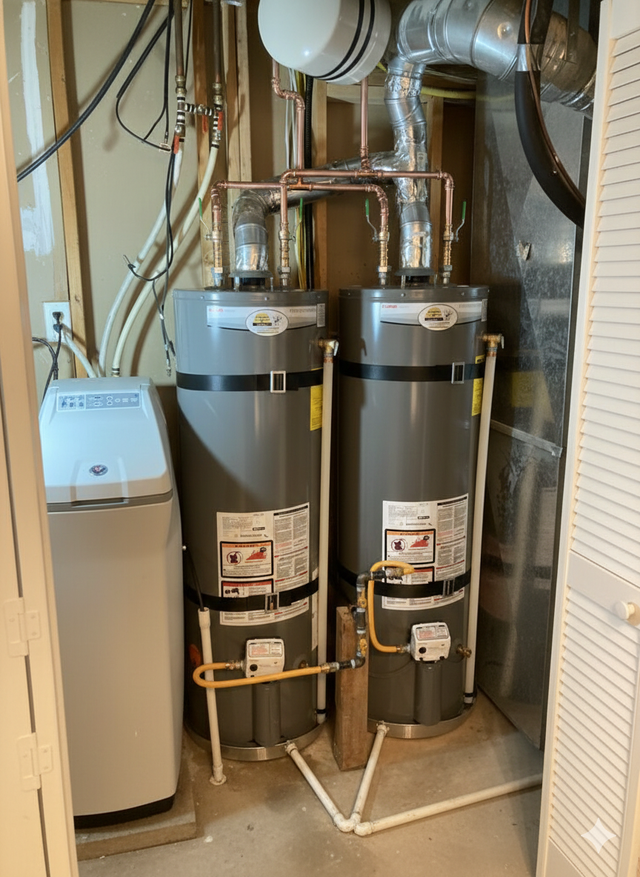 Two water heaters and a water softener in a utility closet; pipes, vents, and white and gray tanks.