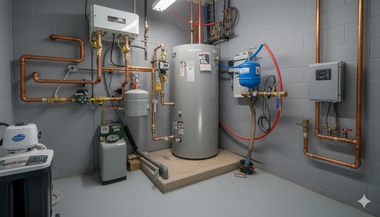 Plumbing and heating equipment in a gray-walled utility room, including a water heater