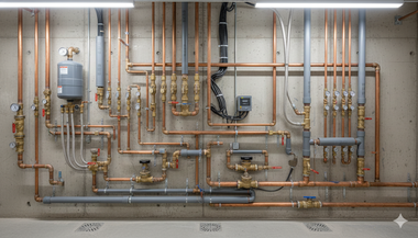 Copper pipes and valves against a concrete wall, part of a building's plumbing system.