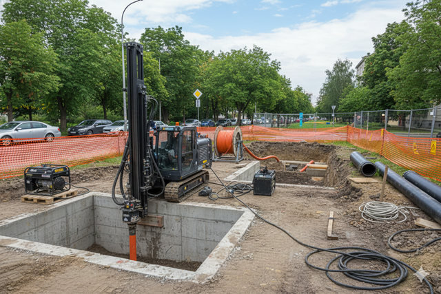 Construction site with drilling machine in concrete pit. Orange fencing, black pipes, and cars on the street in background.