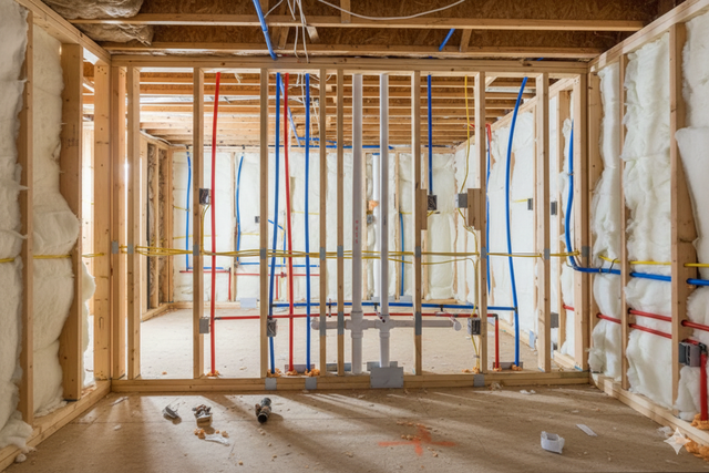 Unfinished basement framing with insulation, plumbing pipes, and electrical wiring visible.