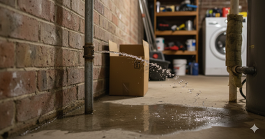 Water leaking from a pipe in a basement, splashing on the floor. A cardboard box is nearby.