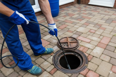 Plumber in blue overalls inspects a sewer with a camera, gloves on, outside on brick.