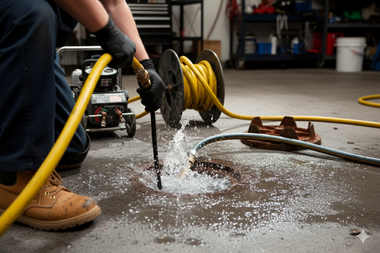 Person using a high-pressure hose to clear a drain on a concrete floor. Water sprays out.