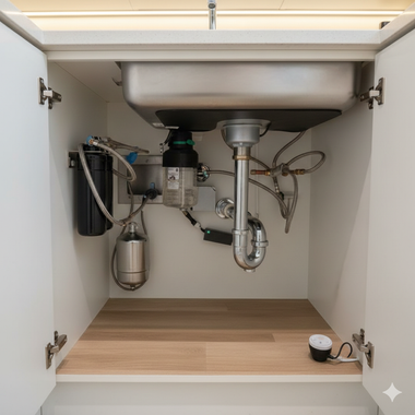 Underside of a kitchen sink with plumbing, garbage disposal, and water filter inside a white cabinet.