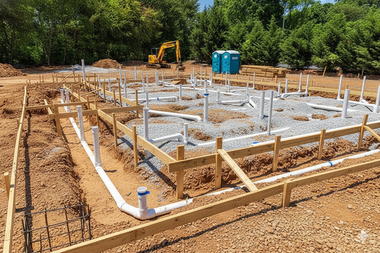 Construction site with wooden framing, plumbing, and gravel base; portable toilet in background.