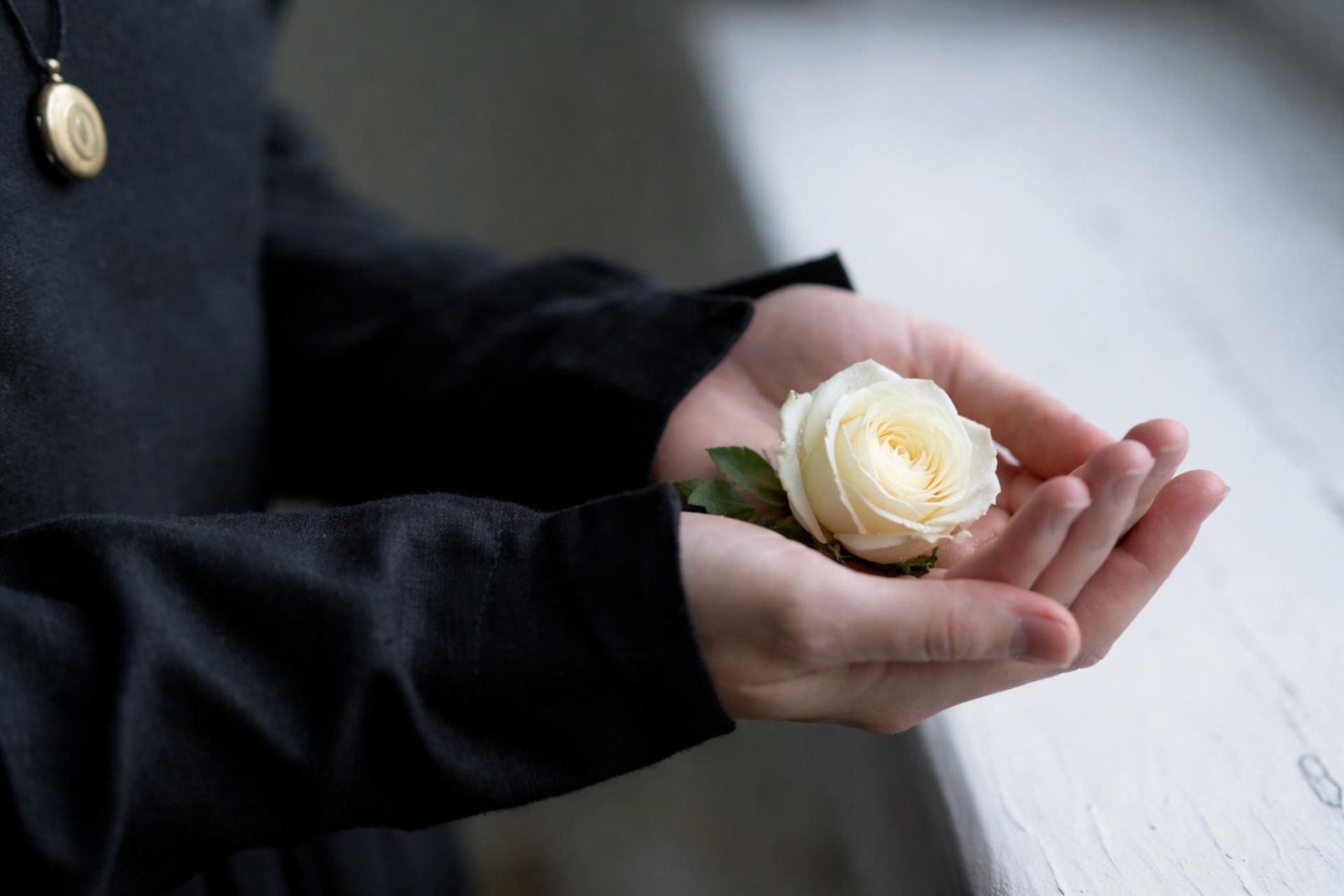 Hands holding white rose, funeral home and cremations San Juan, TX