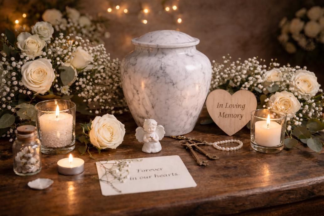Marble urn with candles and flowers, funeral home and cremations San Juan, TX