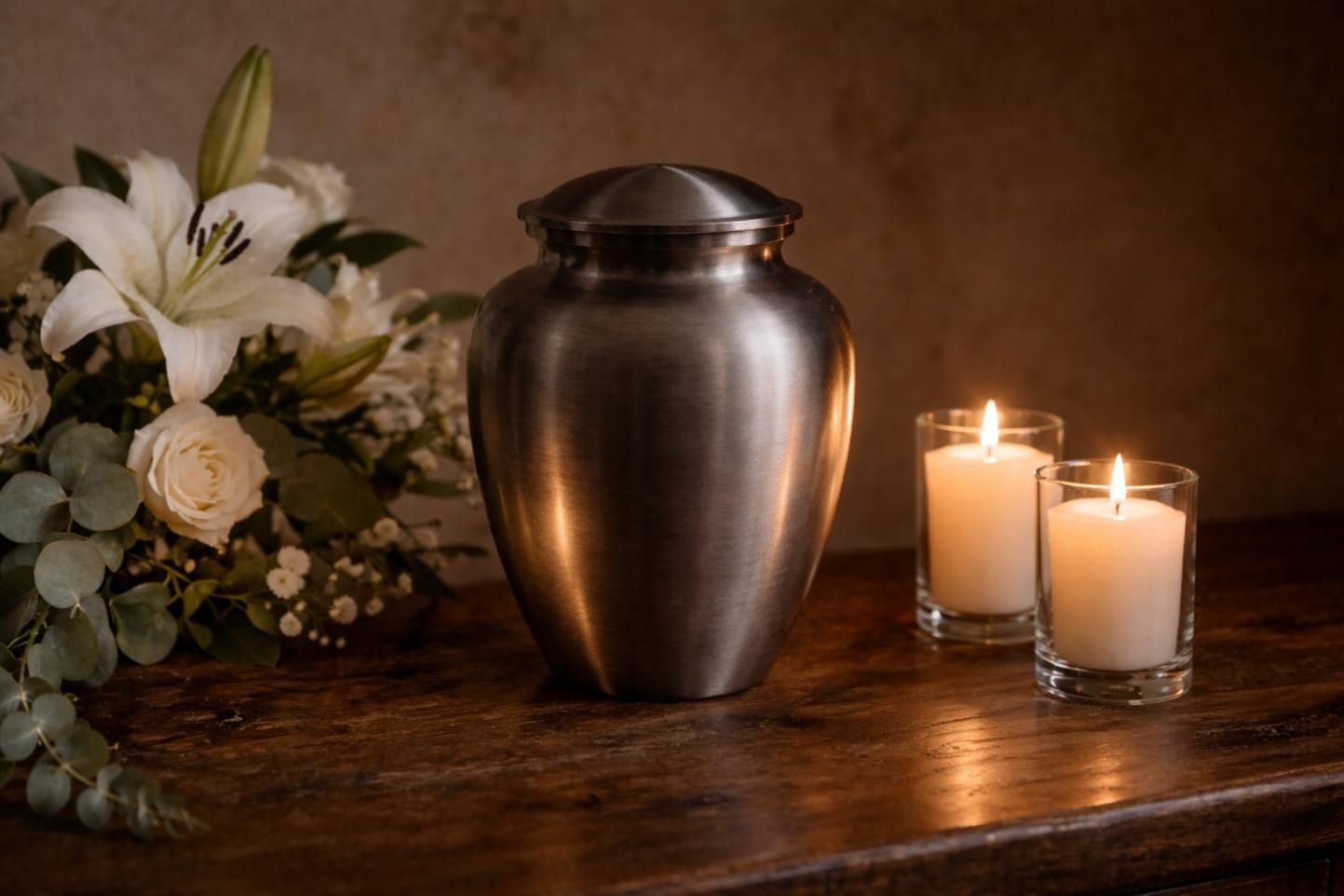 Metal urn with candles and white flowers, funeral home and cremations Edinburg, TX
