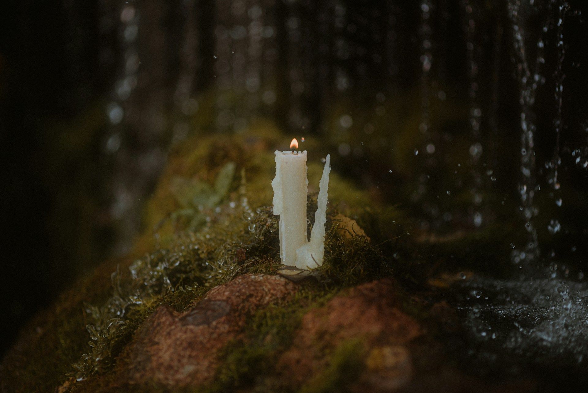 Elegant white statue resting on a moss-covered rock surrounded by nature and greenery.