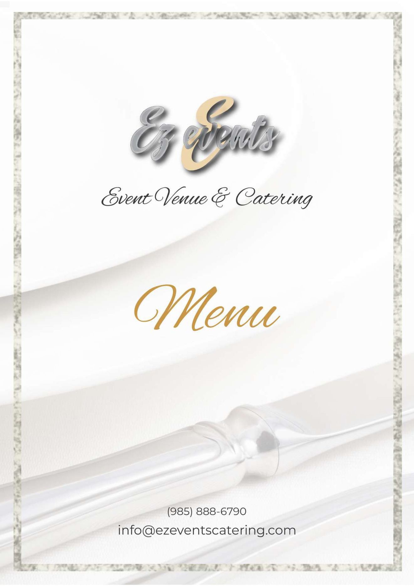 Menu cover for Ez Events, with logo, text, and silver background.