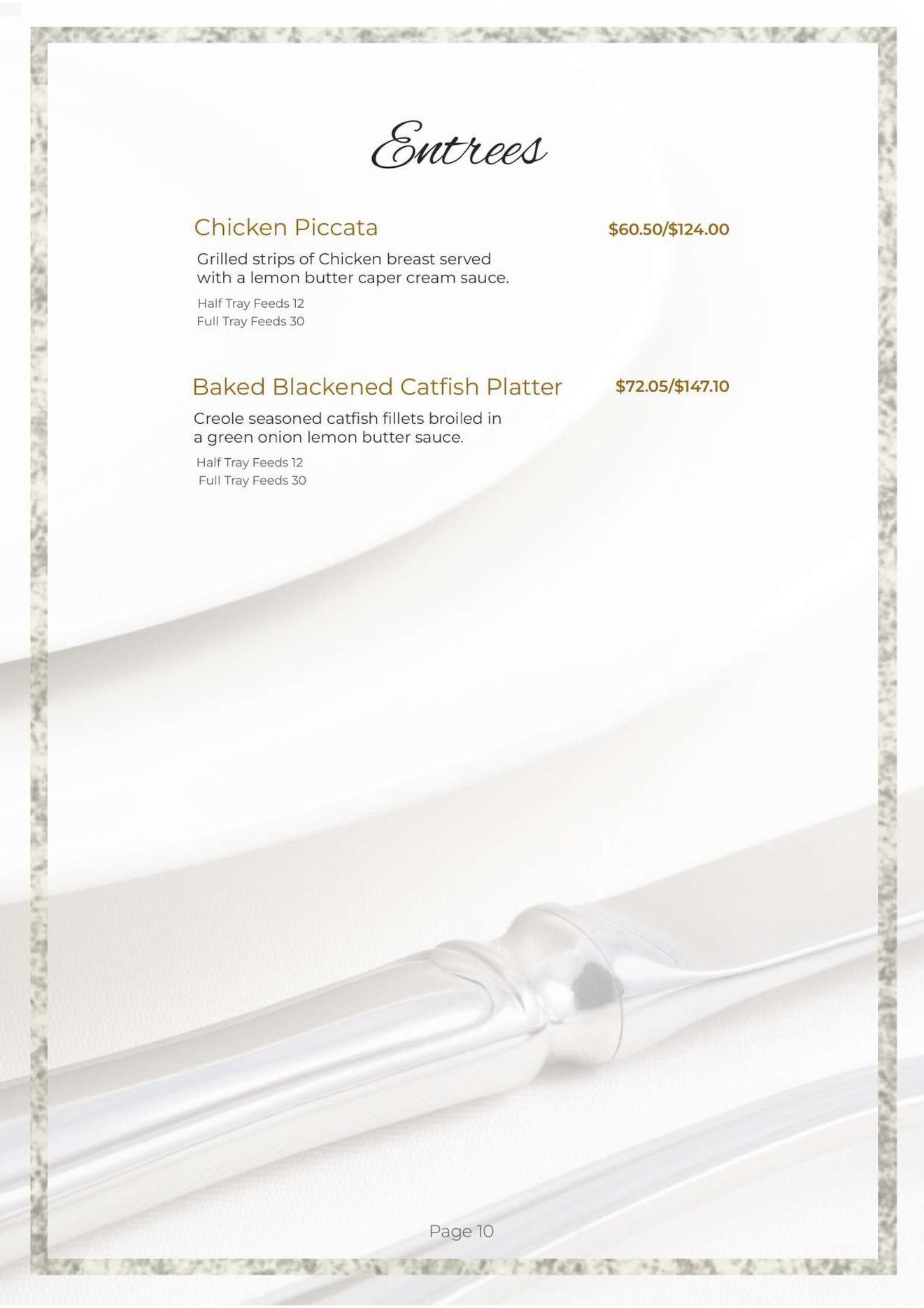 Menu with entree options on a white and silver background.