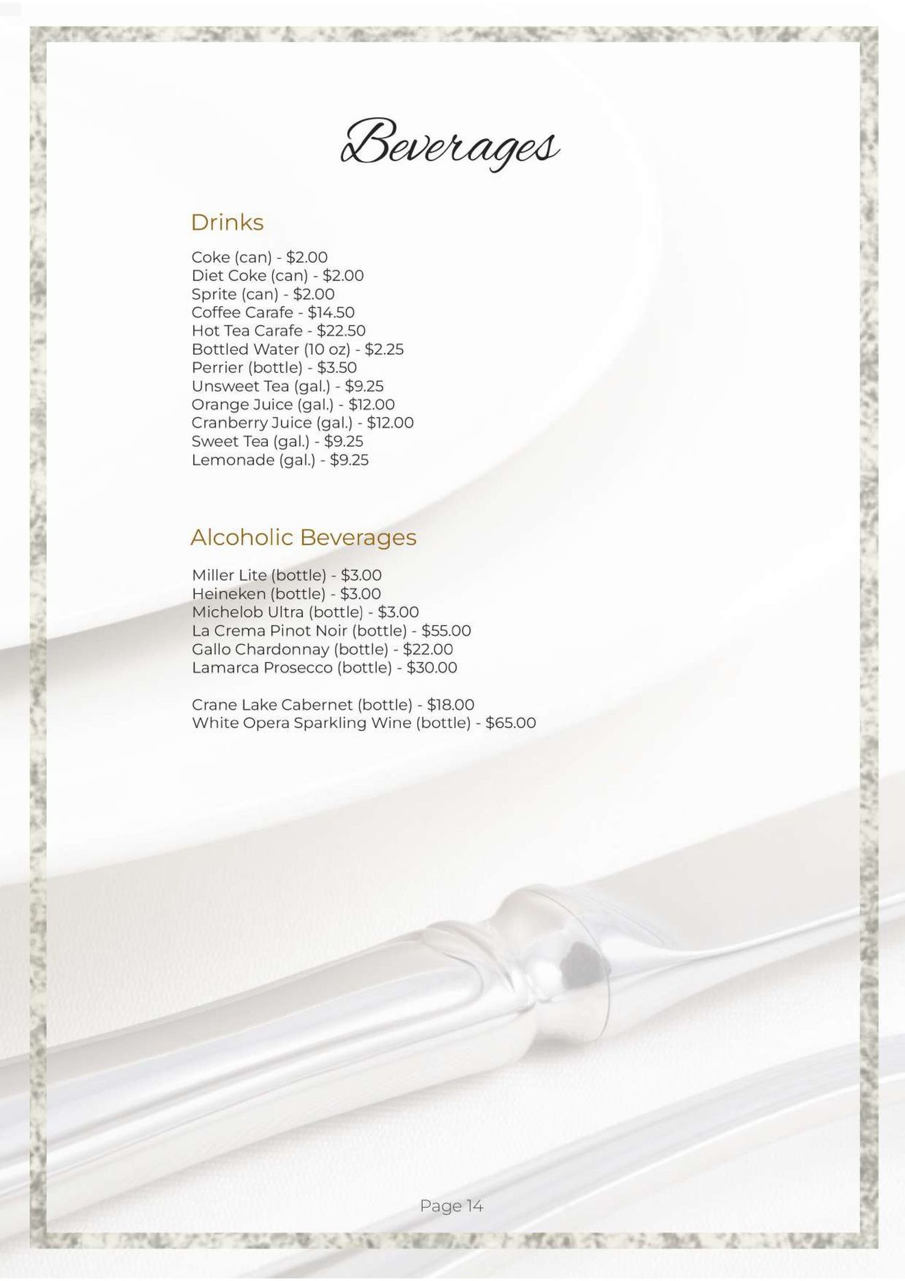 Menu page with beverage options listed under 