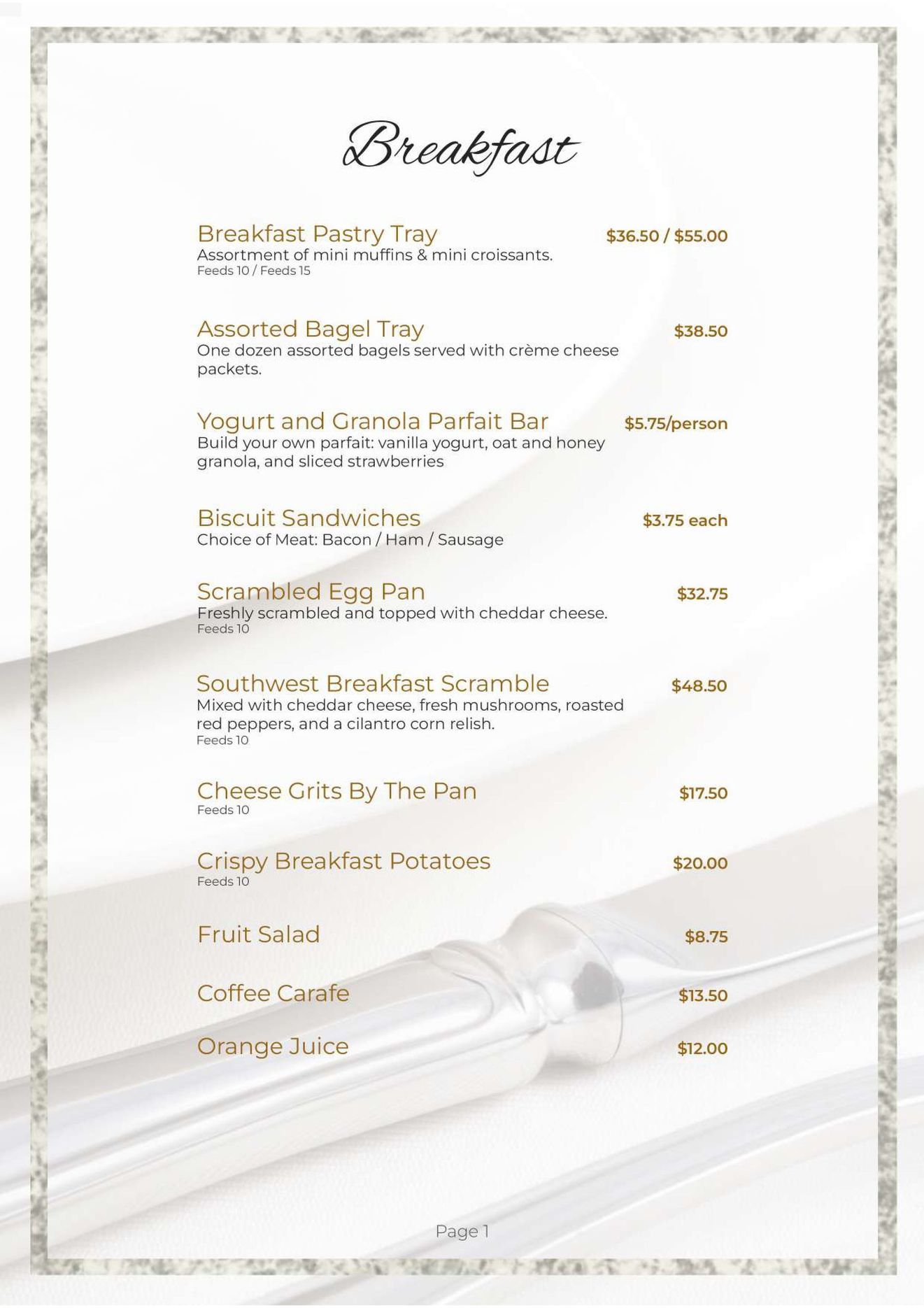 Breakfast menu with text on a white background and a silver border.