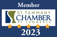 Member badge for St. Tammany Chamber of Commerce, blue background, logo, 5 stars, and the year 2023.