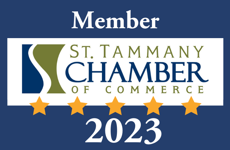Member badge for St. Tammany Chamber of Commerce, blue background, logo, 5 stars, and the year 2023.