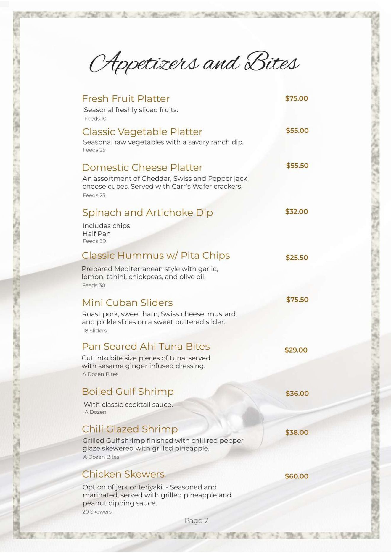 Menu of appetizers and prices with a decorative silver border.