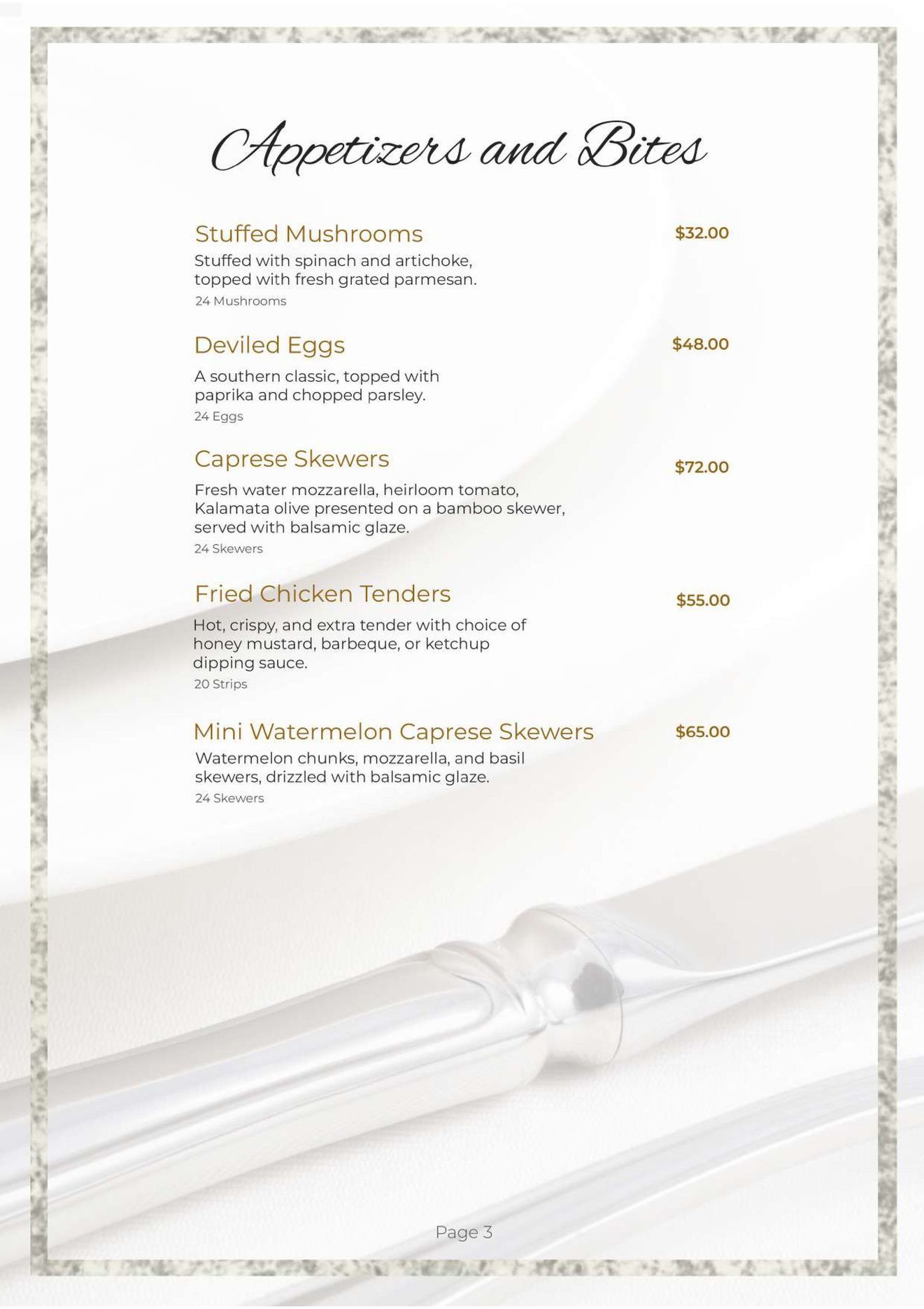 Menu page with appetizer and price list; decorative silver border and utensils.