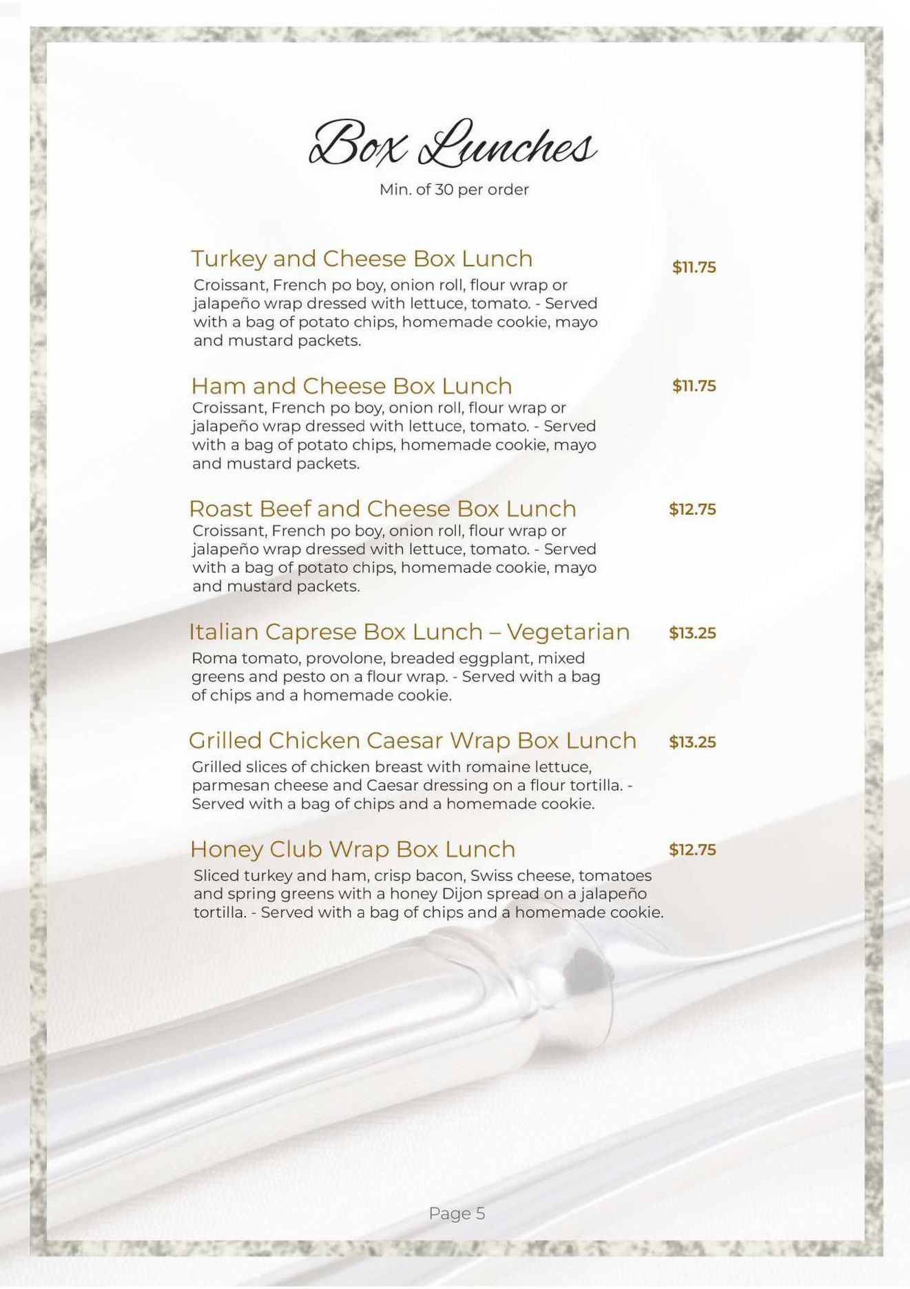 Box lunch menu with six options and prices.