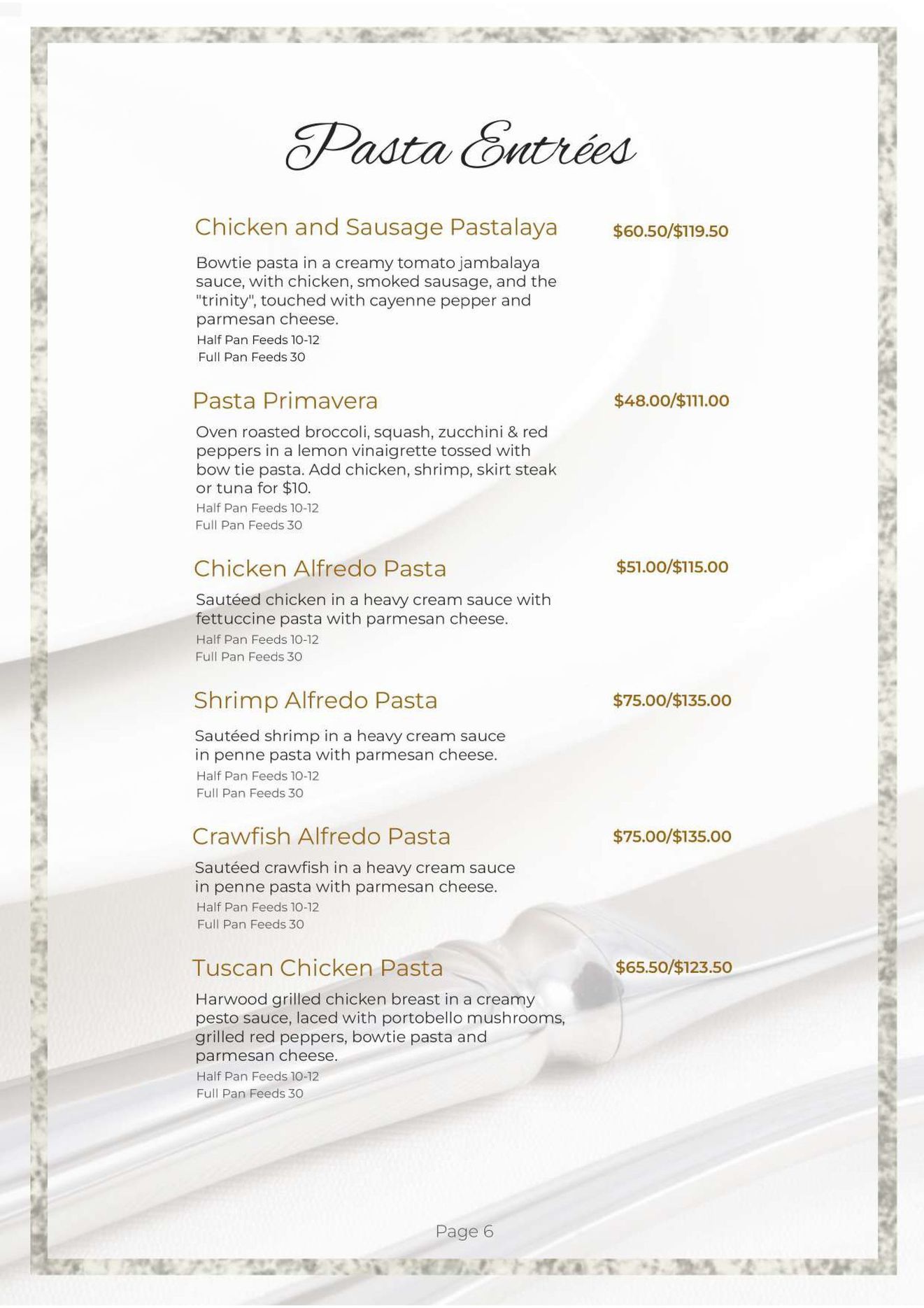 Pasta entrees menu with descriptions and prices.