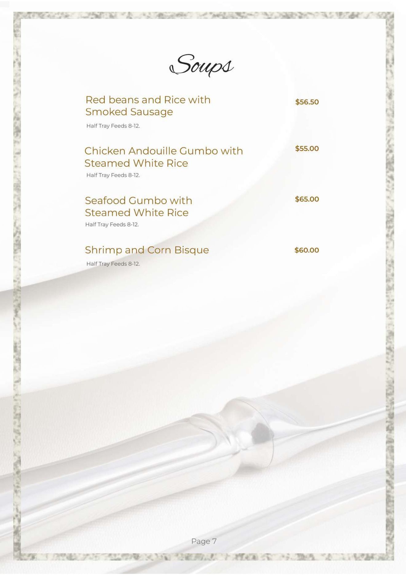 Menu for Soups with titles and prices listed.