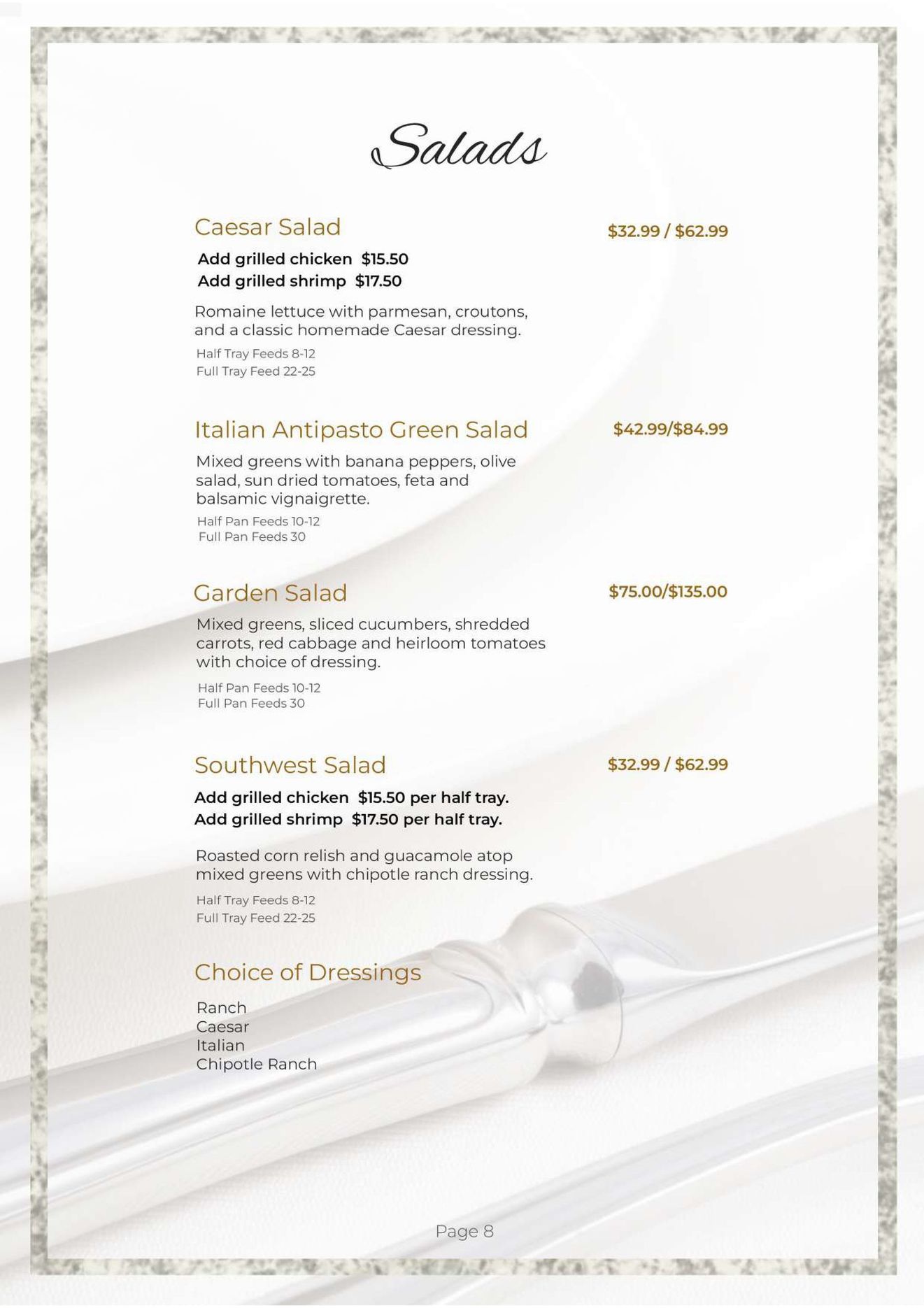 Menu page with a list of salads, featuring text and elegant background design.