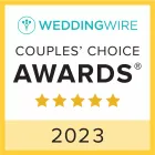 WeddingWire Couples' Choice Awards badge for 2023 with five gold stars and yellow border.