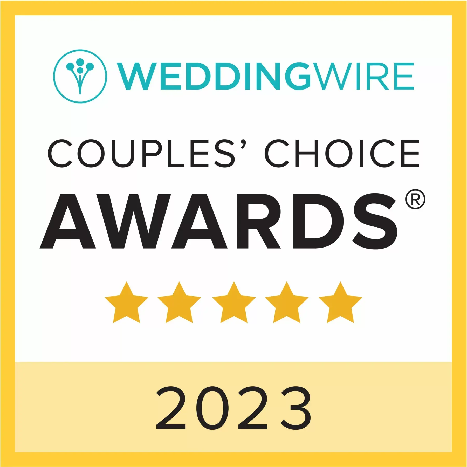 WeddingWire Couples' Choice Awards badge for 2023 with five gold stars and yellow border.