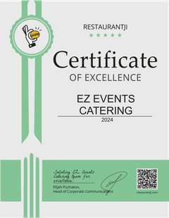 Certificate of Excellence for EZ Events Catering, in green and gray tones, with a QR code.