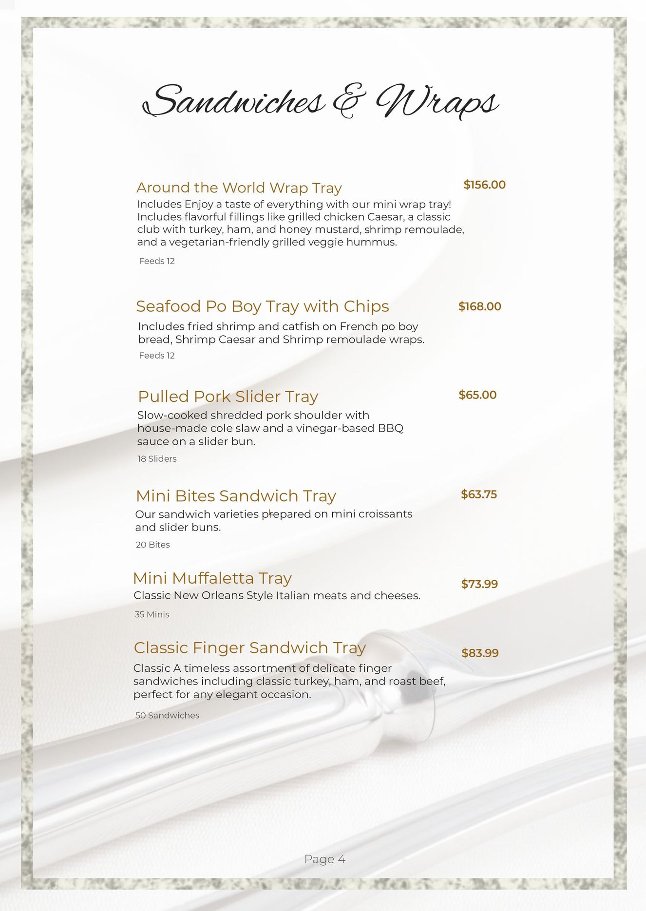 Menu for sandwiches and wraps, list of descriptions and prices on a white background.