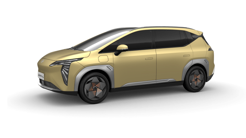 Vista lateral de um SUV compacto dourado com teto preto e vidros fumê sobre um fundo branco.