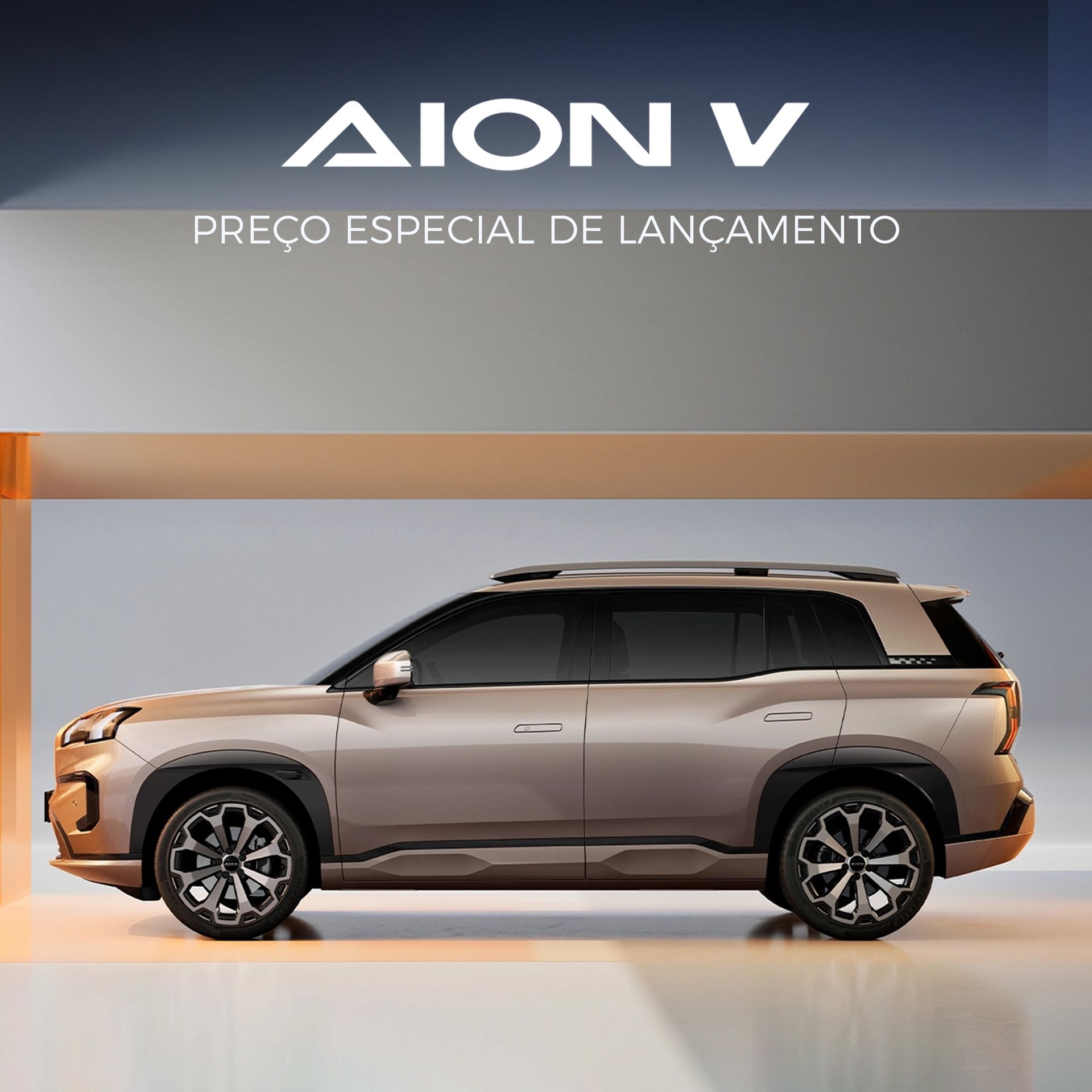 AION V SUV side view in beige, with “Preço especial de lançamento” launch offer banner