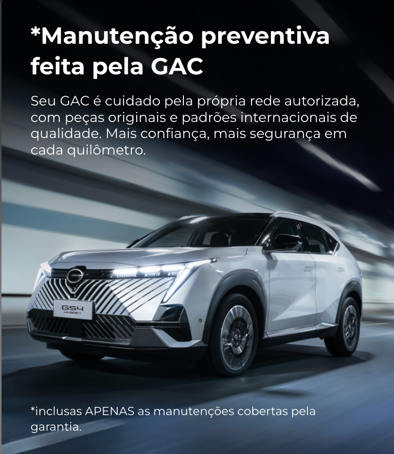 SUV branco em fundo escuro com texto sobre manutenção preventiva da GAC e garantia.