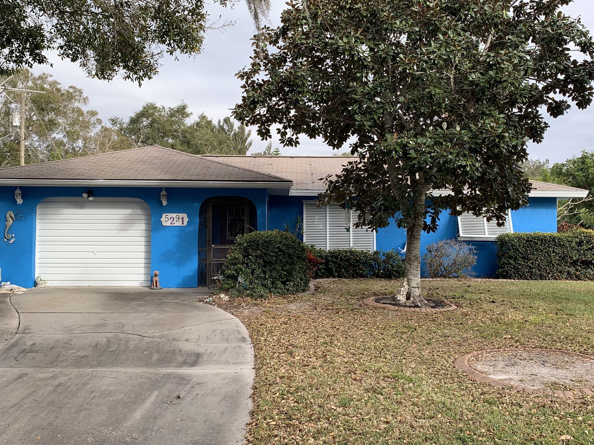 A blue house with a white garage and a tree in front of it