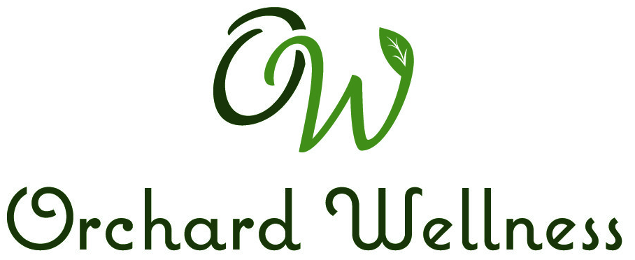The logo for orchard wellness has a green leaf on it.