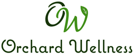 The logo for orchard wellness has a green leaf on it.