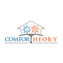 Logo for Comfort Theory: house outline above snowflake and sun, company name in blue and orange.