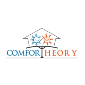 Logo for Comfort Theory: house outline above snowflake and sun, company name in blue and orange.