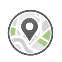 Map pin icon on a stylized map with gray roads and green areas in a circular frame