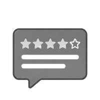 Gray speech bubble with 4 filled stars and 1 empty star, plus two horizontal text lines